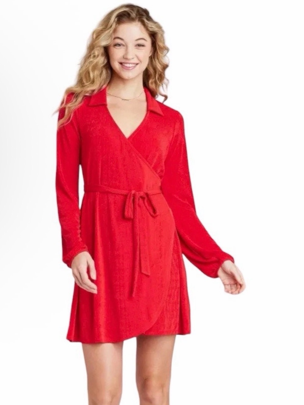 Wild Fable Red Velvet Wrap Mini Dress Long Sleeve Large L